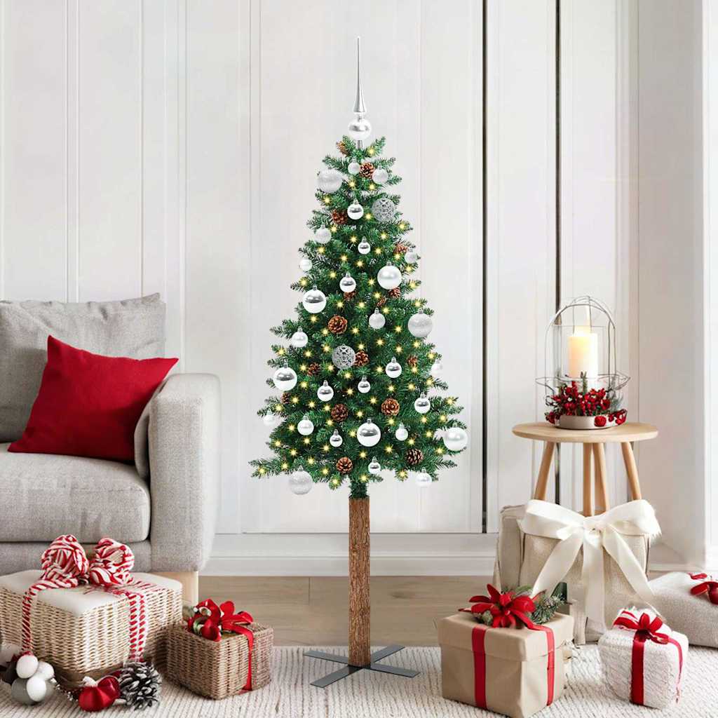 Sapin de Noël mince Vert 150 cm PVC et bois de pin massif