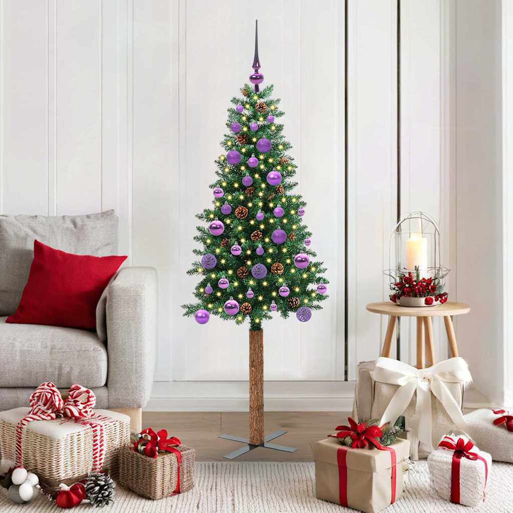 Sapin de Noël mince Vert 150 cm PVC et bois de pin massif