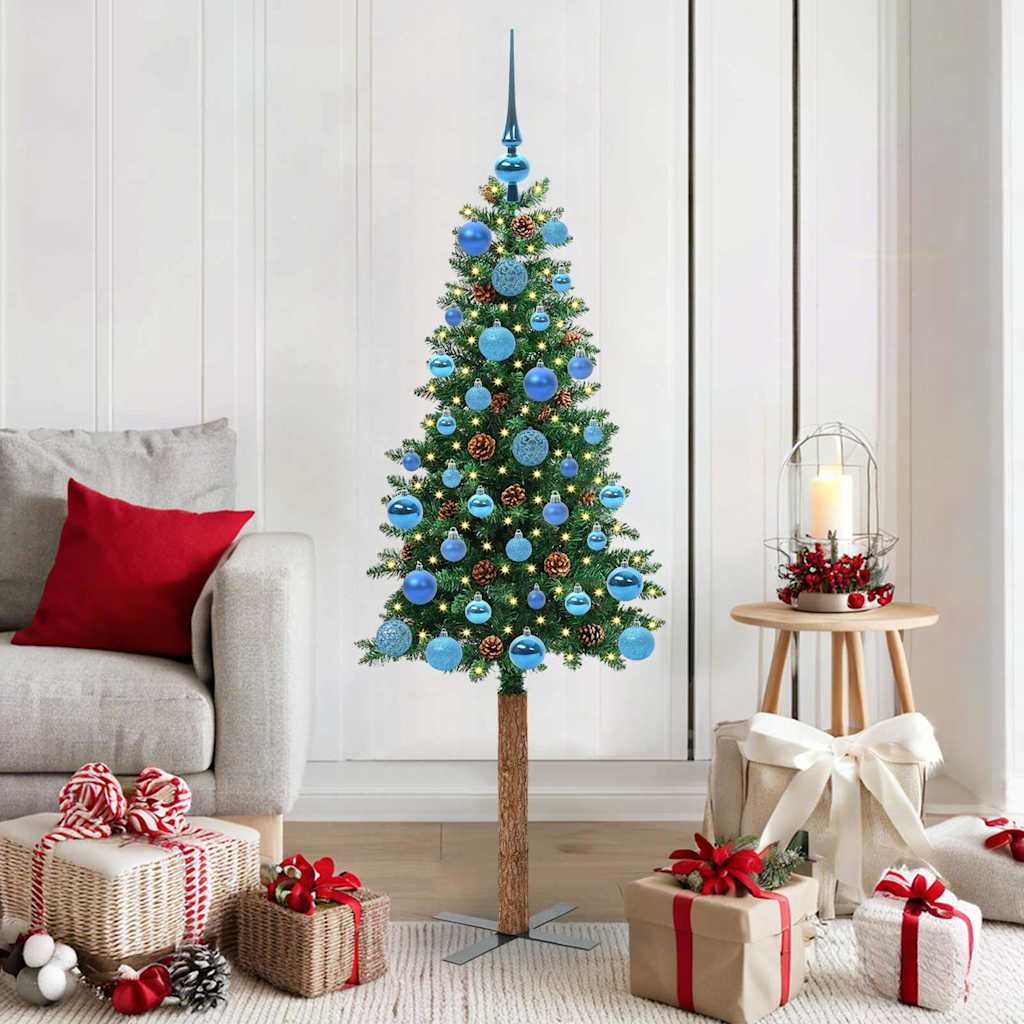 Sapin de Noël mince Vert 150 cm PVC et bois de pin massif