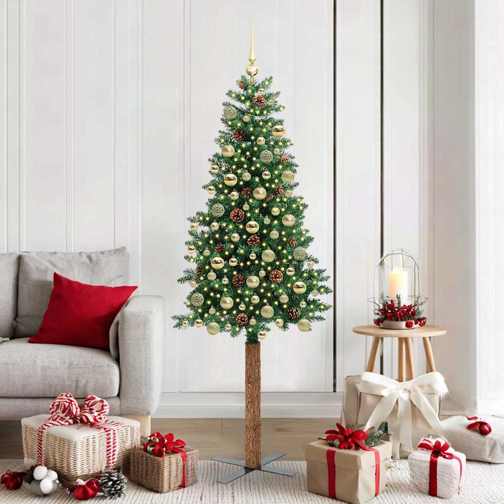 Sapin de Noël mince Vert 180 cm PVC et bois de pin massif