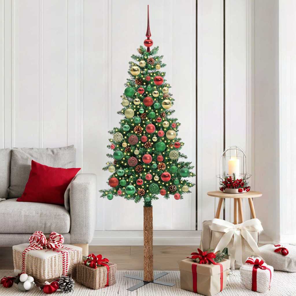 Sapin de Noël mince Vert 180 cm PVC et bois de pin massif