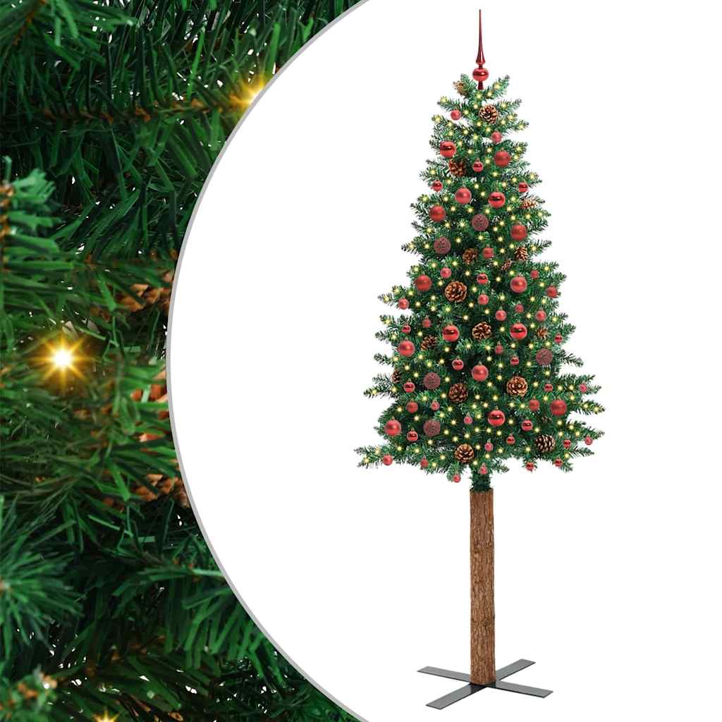 Sapin de Noël mince Vert 210 cm PVC et bois de pin massif