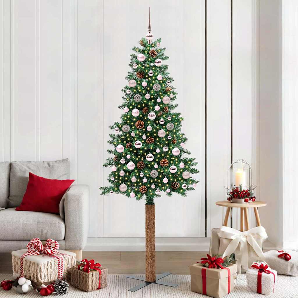 Sapin de Noël mince Vert 210 cm PVC et bois de pin massif