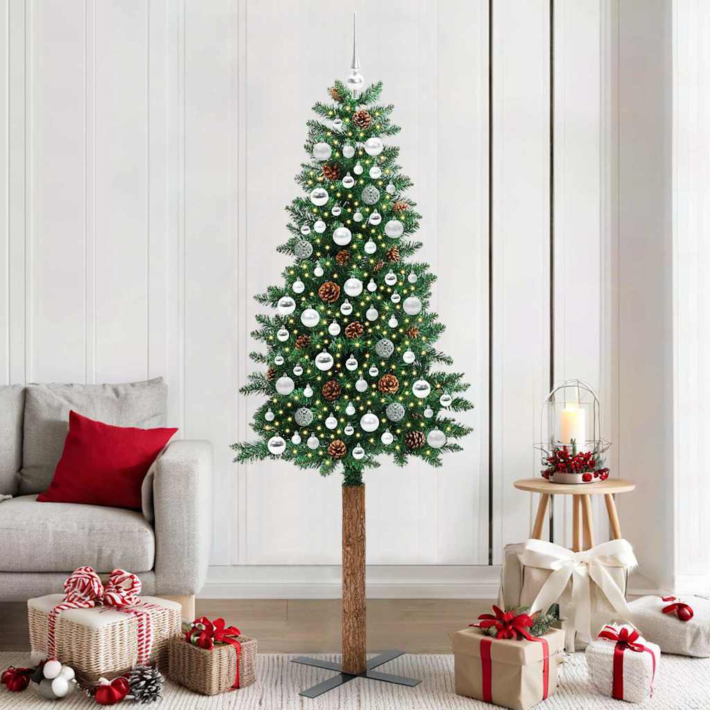 Sapin de Noël mince Vert 210 cm PVC et bois de pin massif