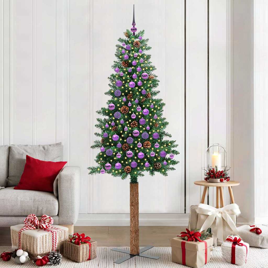 Sapin de Noël mince Vert 210 cm PVC et bois de pin massif