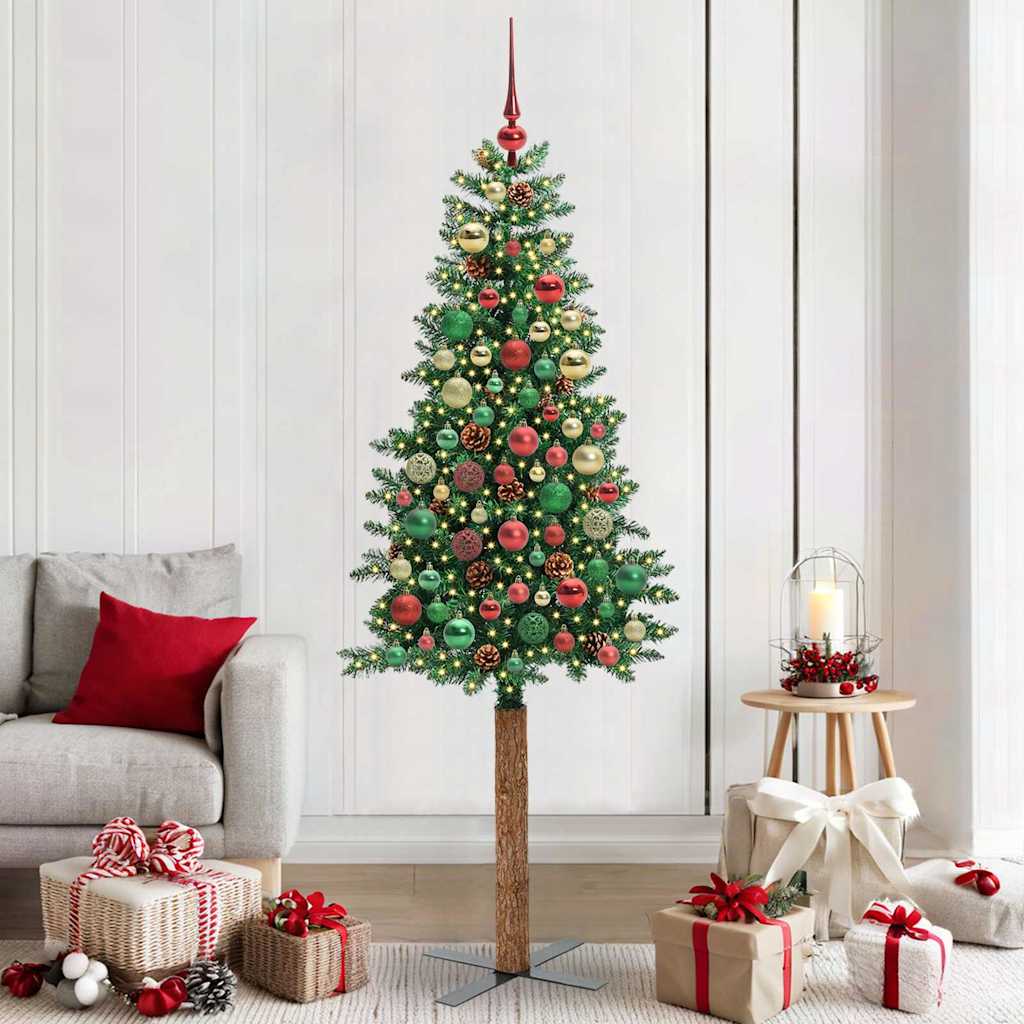 Sapin de Noël mince Vert 210 cm PVC et bois de pin massif