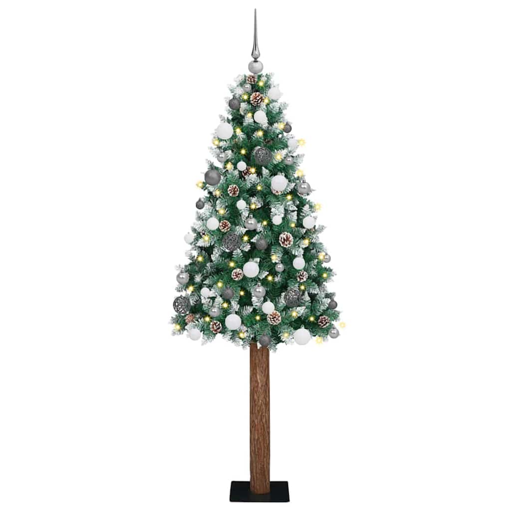 õhuke jõulupuu LED-de ja pallikomplektiga roheline 210 cm PVC