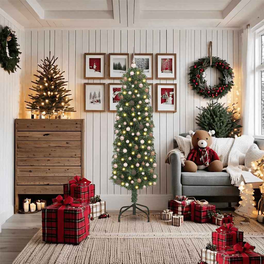 Sapin de Noël mince avec 300 LED Vert 180 cm Plastique et métal