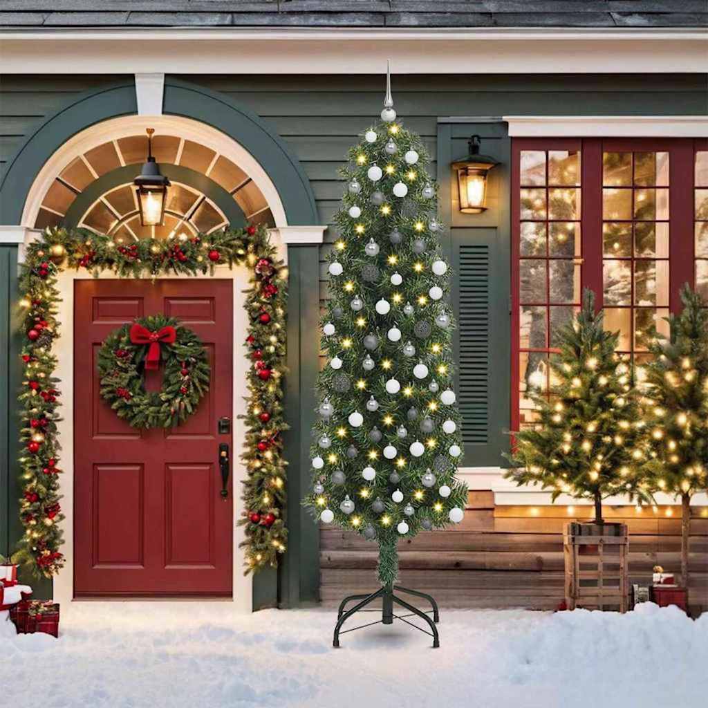Arbre de Noël slim 300 LEDs & Ensemble de boules Vert 210 cm