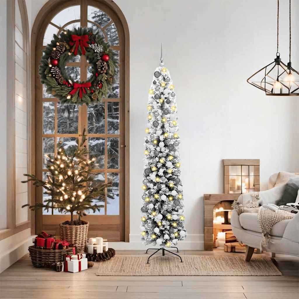 Arbre de Noël 300 LEDs & Ensemble de Boules & Neige Enneigée Vert 180 cm