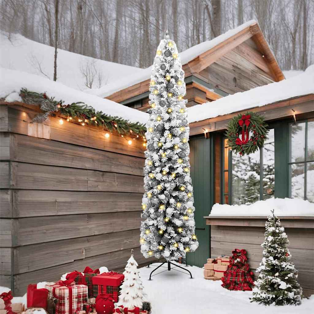Arbre de Noël slim 300 LEDs et boules avec neige enneigée verte 240 cm