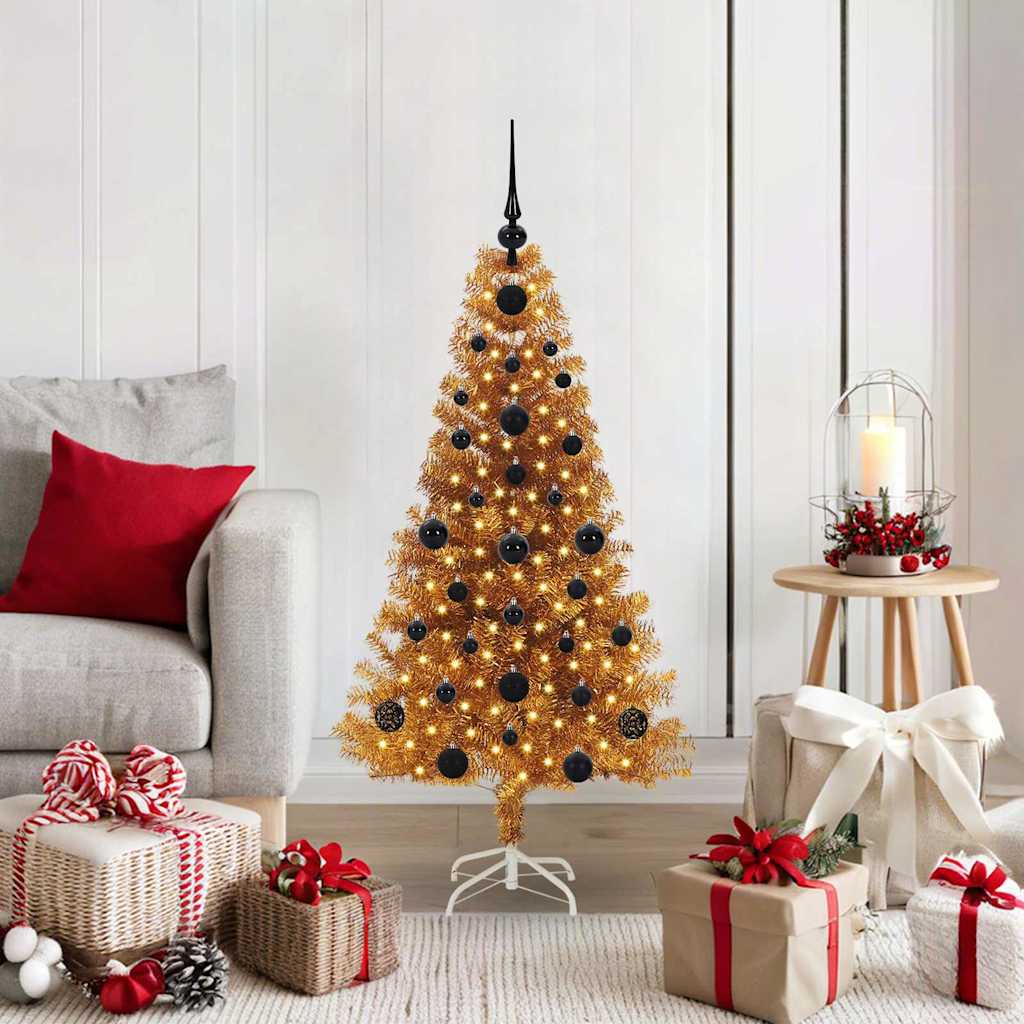 Sapin de Noël avec 150 LED avec support Doré 120 cm PET