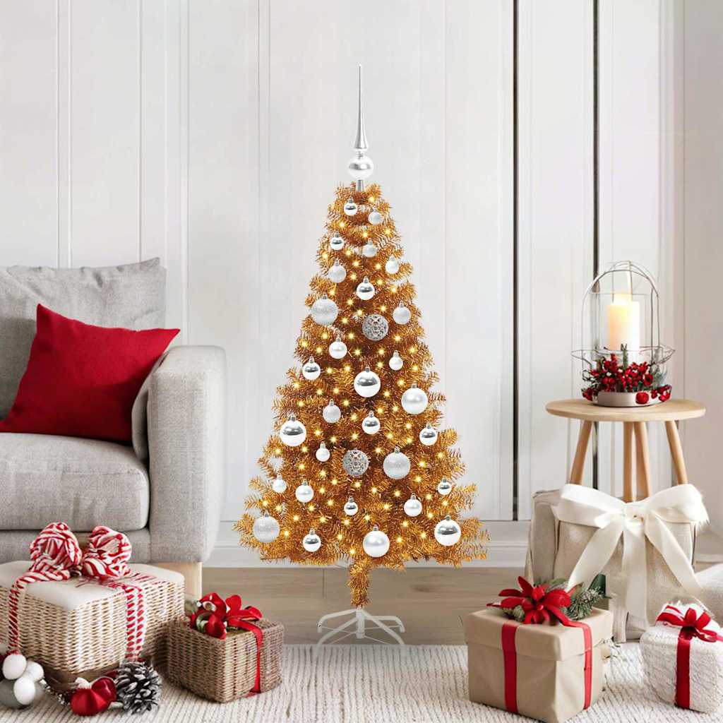 Sapin de Noël avec 150 LED avec support Doré 120 cm PET