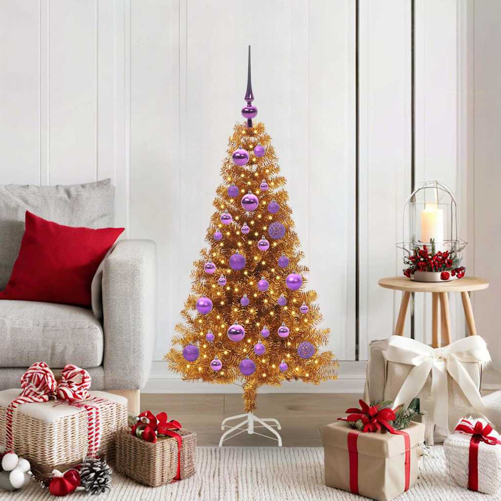 Sapin de Noël avec 150 LED avec support Doré 120 cm PET