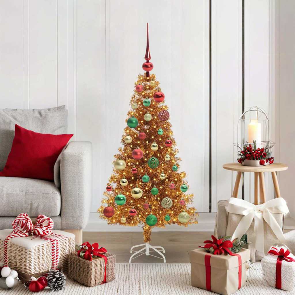 Sapin de Noël avec 150 LED avec support Doré 120 cm PET