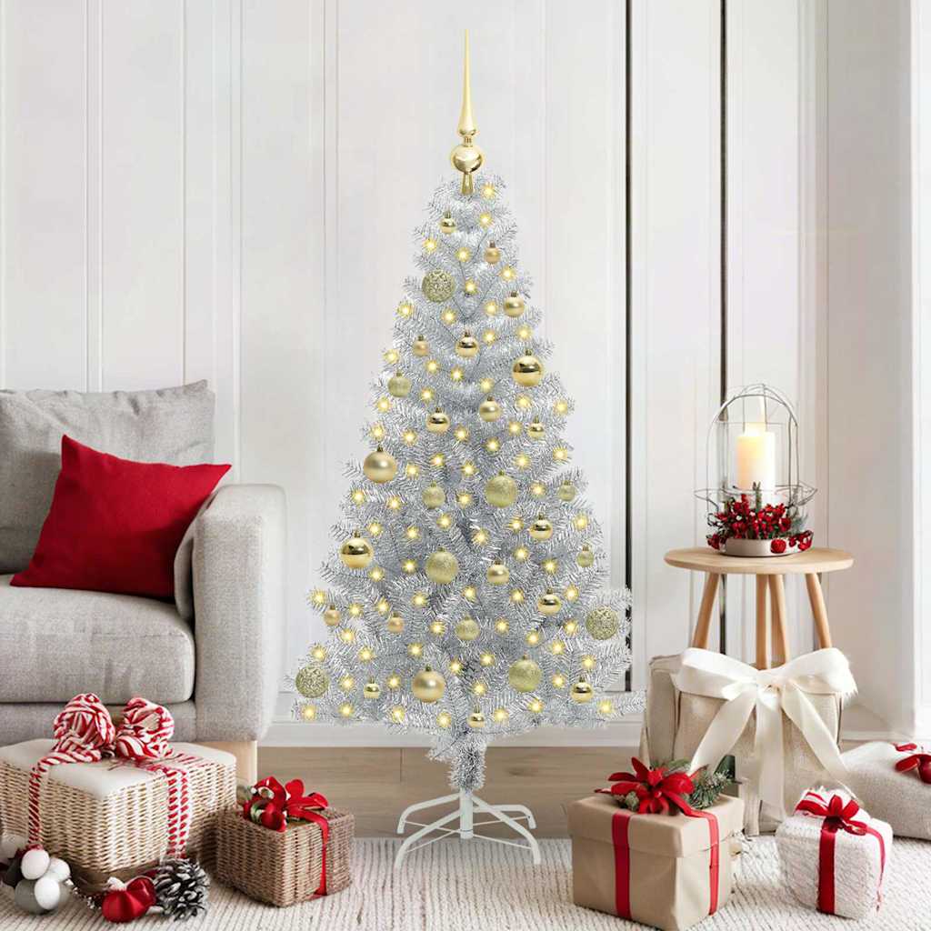 Sapin de Noël avec 150 LED avec support Argent 150 cm PET