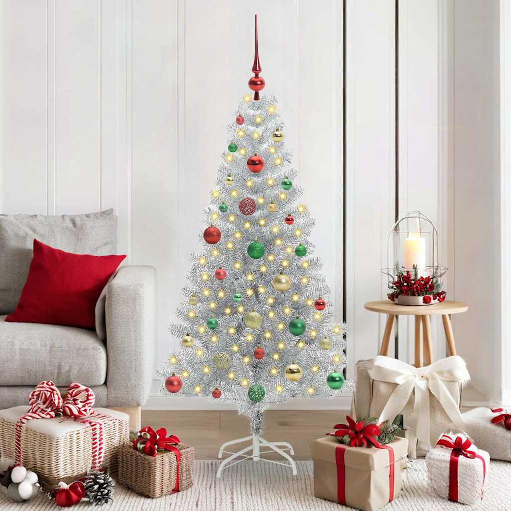 Sapin de Noël avec 150 LED avec support Argent 150 cm PET