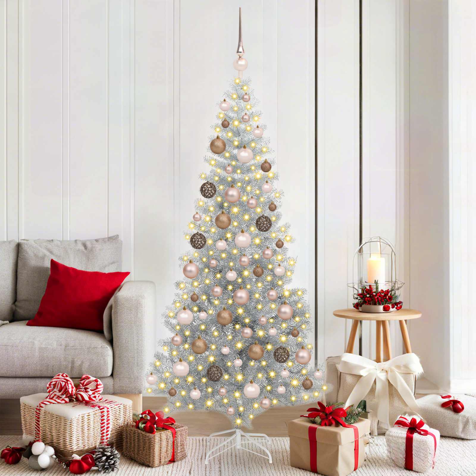 vidaXL Weihnachtsbaum mit LED-Beleuchtung Silber 180 cm PET und Stahl