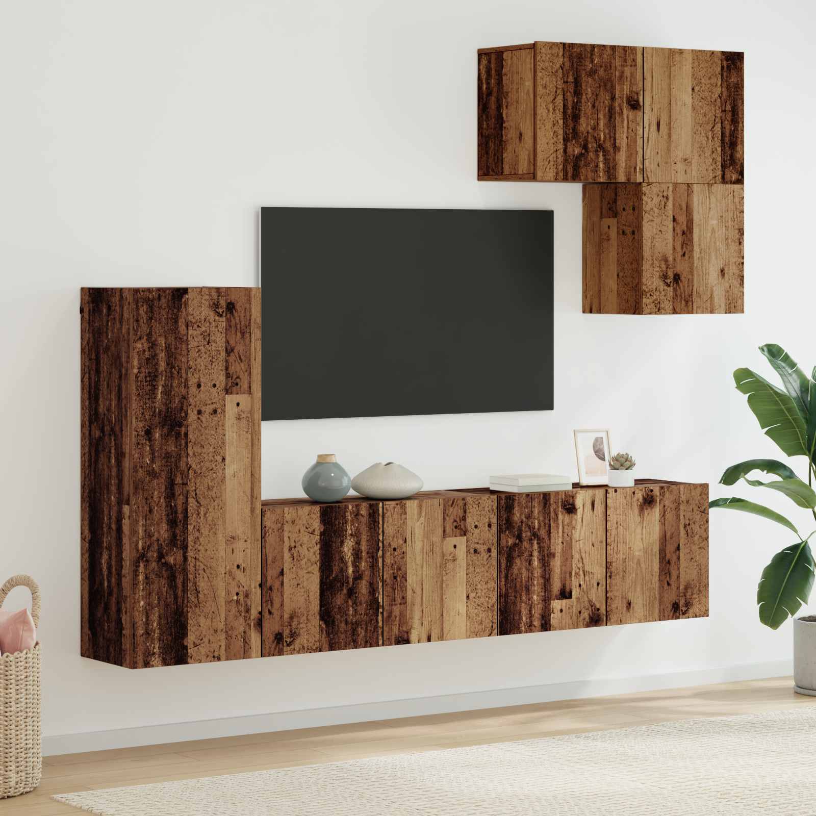 vidaXL Unitate TV de Perete Pe perete 5 pcs Lemn Vechi Lemn compozit
