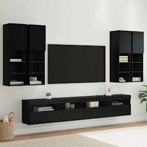 Komplet stenske TV omarice z LED lučmi 7 pcs Črna Orehovina