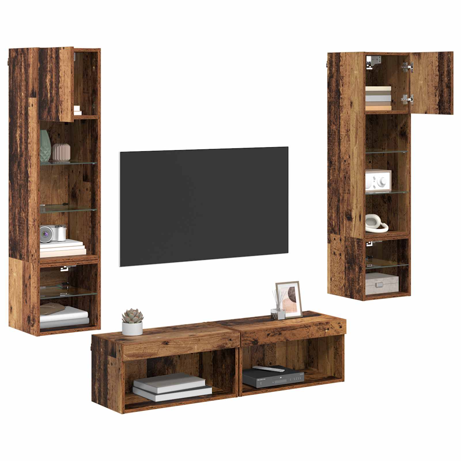 vidaXL TV-wandmeubel met LED-striplichten 6 pcs Oud Hout Bewerkt hout