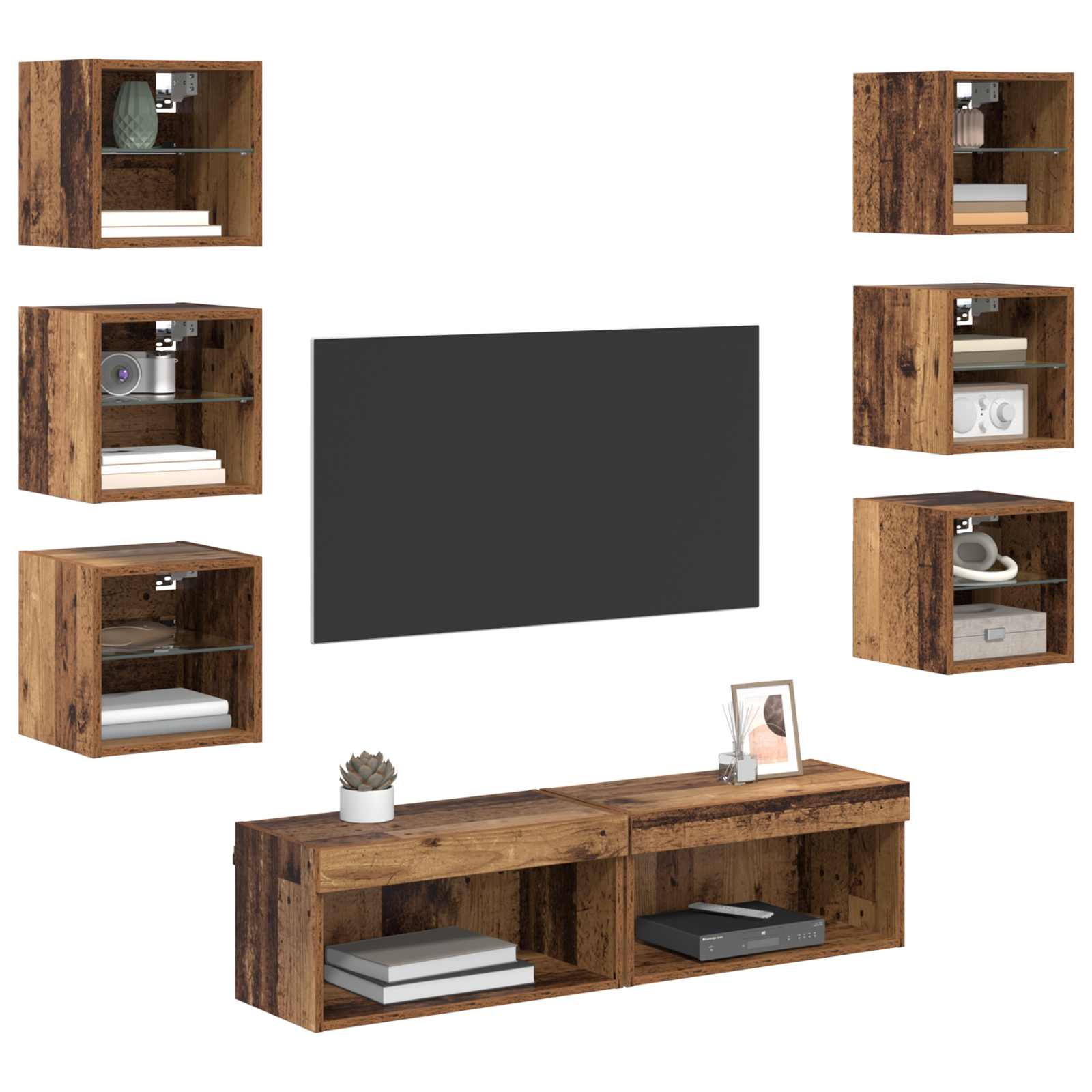 vidaXL TV-kast met LED-striplichten met lade 8 pcs Oud Hout Glas