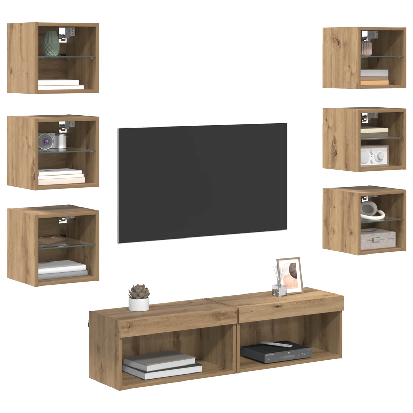 vidaXL TV-kast met LED-striplichten met lade 8 pcs Artisan Eiken Glas