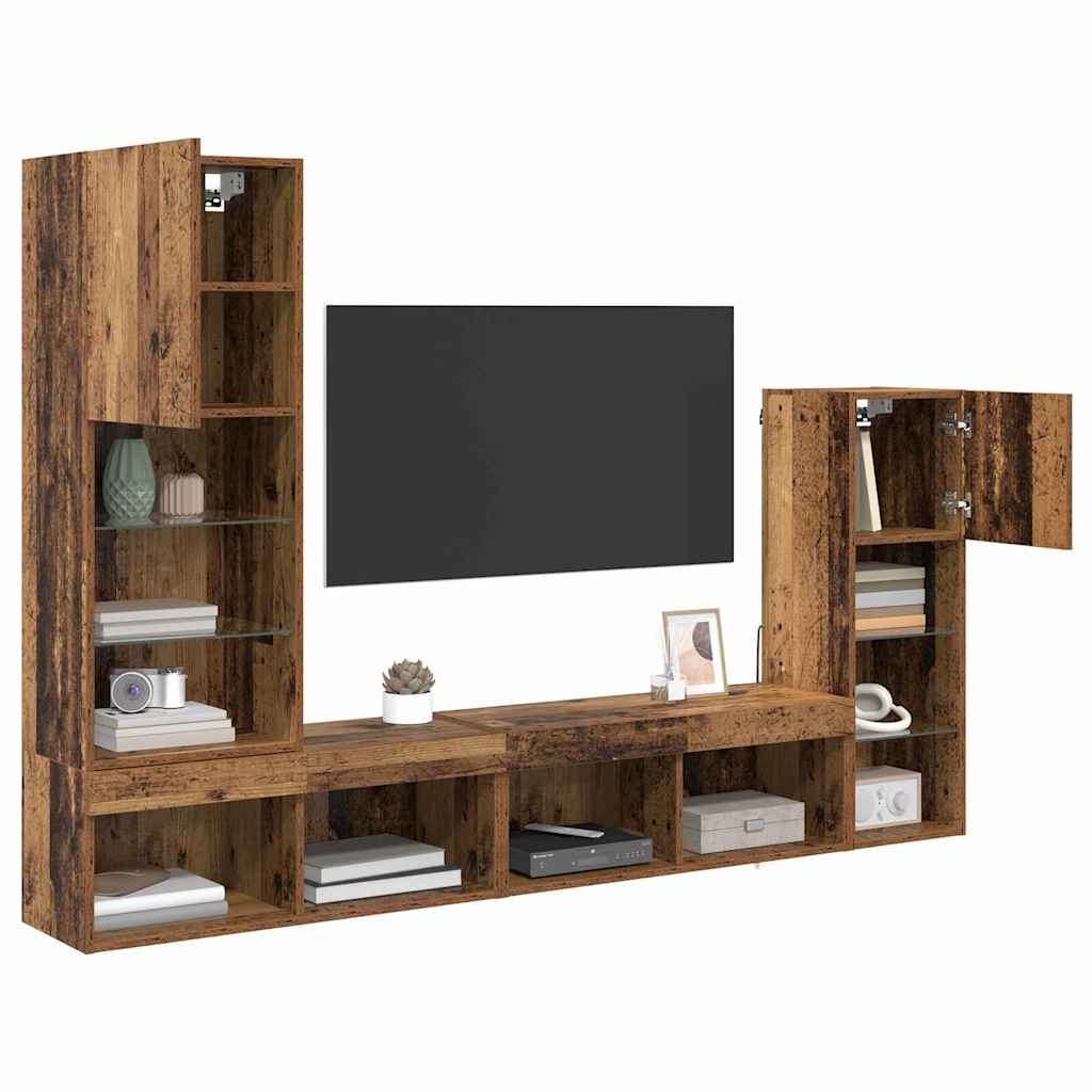vidaXL TV Wandmeubels met LED-striplichten 4 pcs Oudhout Bewerkt hout