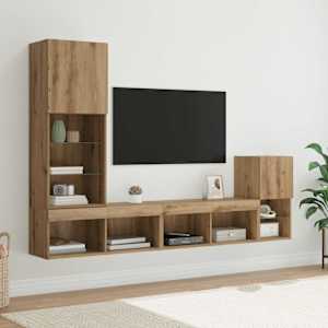 TV stenske enote z LED lučmi Umetni hrast Konstruiran les