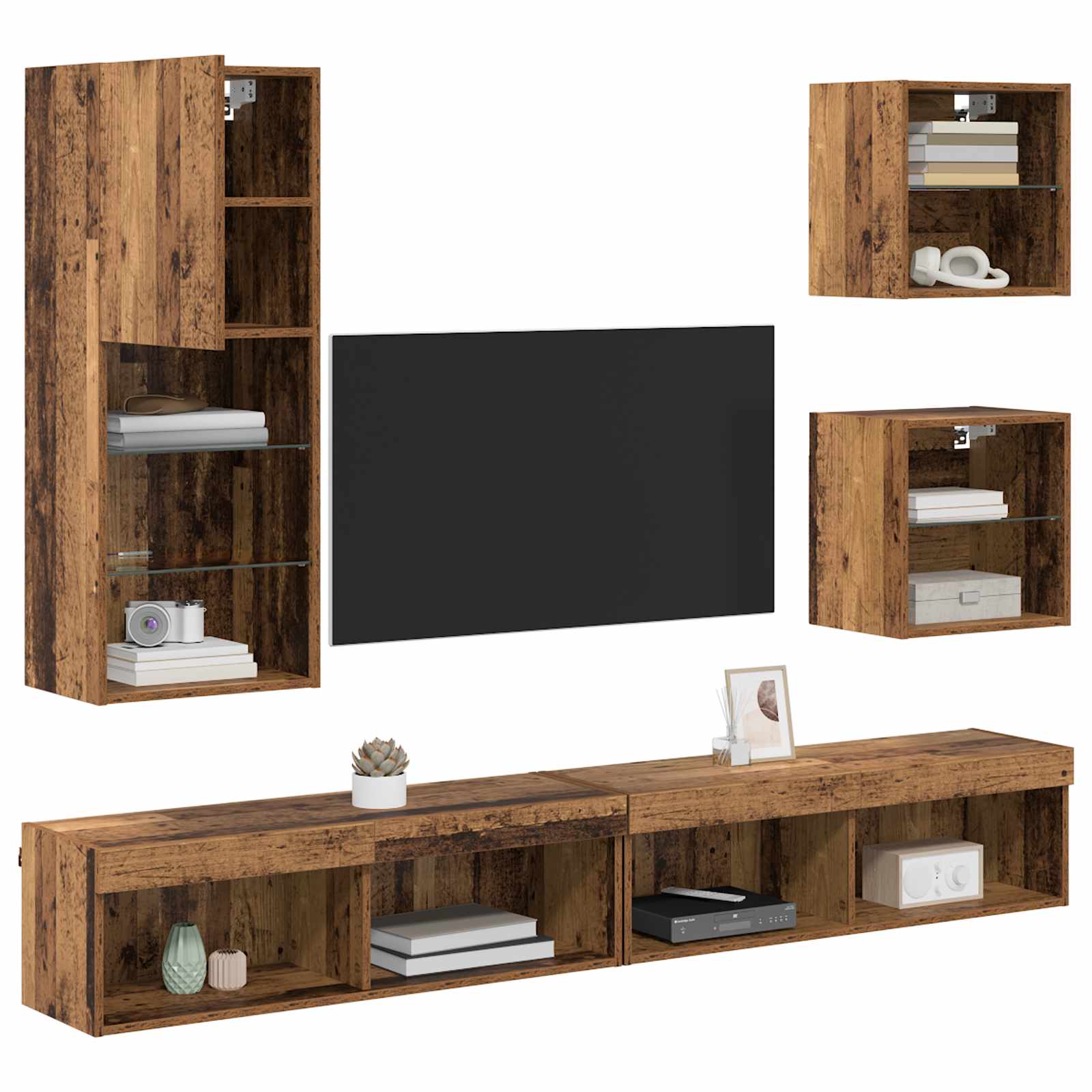 vidaXL TV Wand Eenheden met LED Wandgemonteerd 5 stuks Oud Hout Bewerkt hout