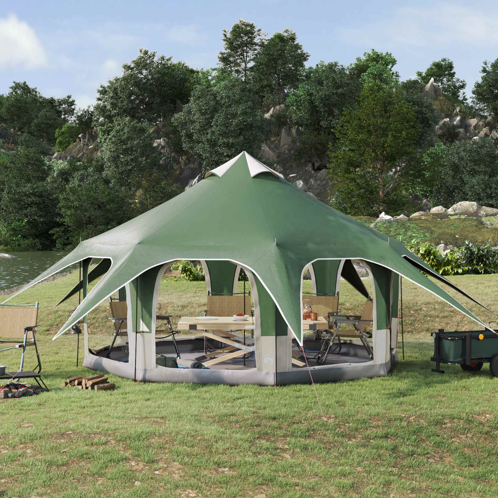 vidaXL Cort de Familie Verde 5 persoane Poliester 185T cu acoperire PU