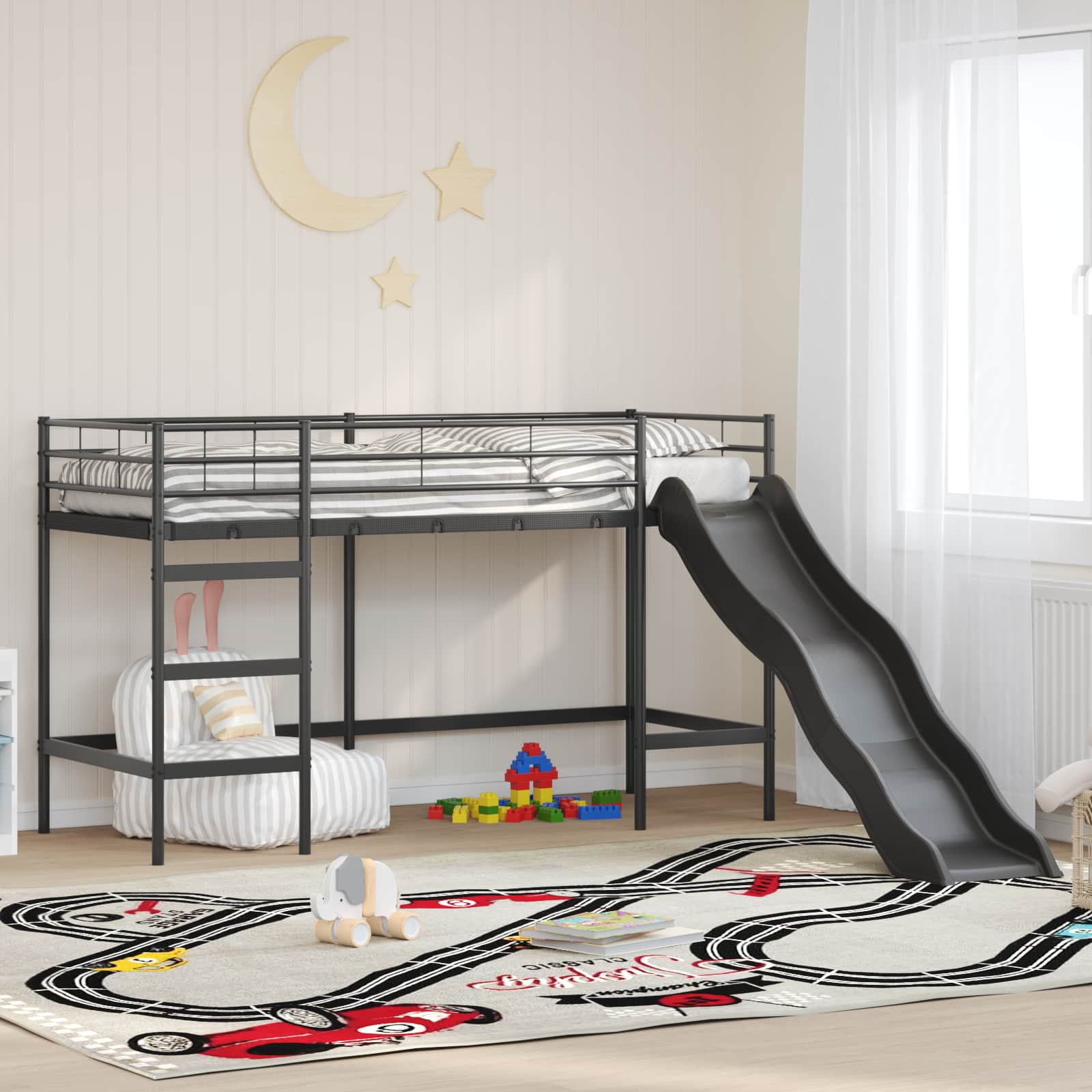 vidaXL Cadru de pat loft pentru copii cu tobogan Negru și antracit