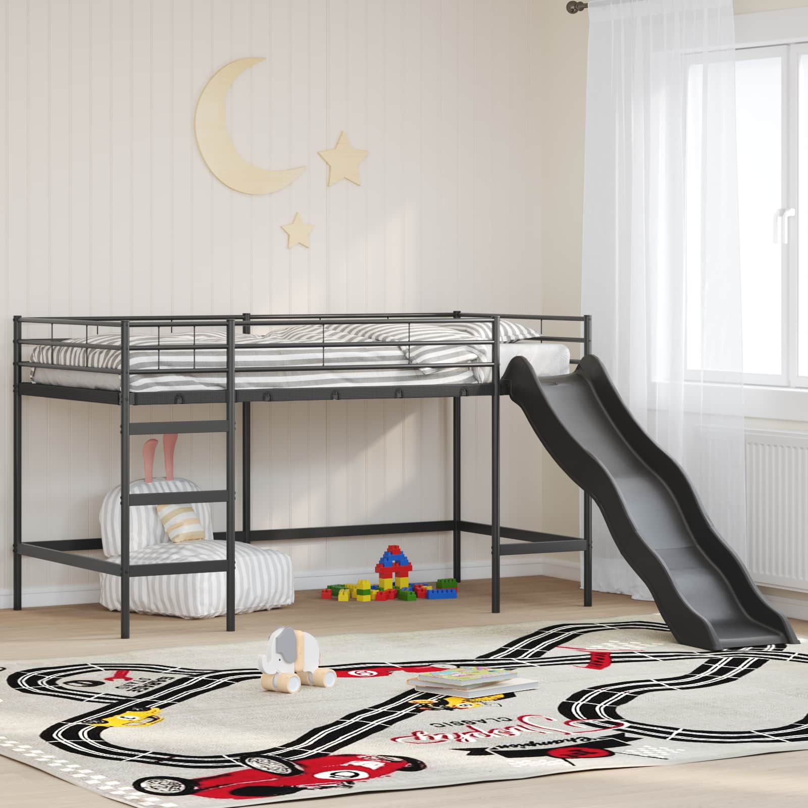 vidaXL Cadru de pat loft pentru copii cu tobogan Negru și antracit