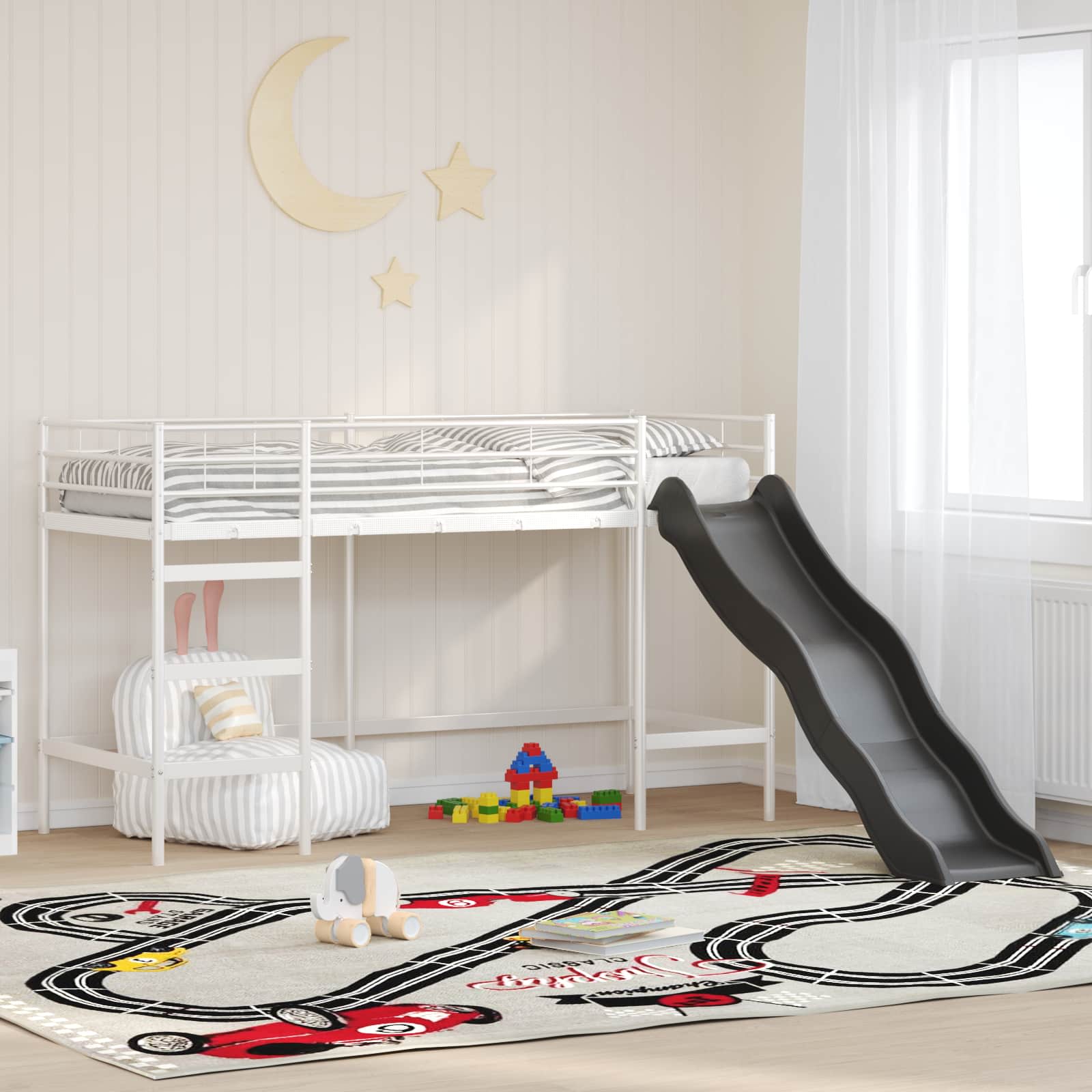 vidaXL Cadru de pat loft pentru copii cu tobogan Alb și antracit