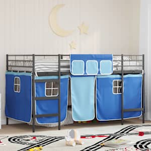 Postelja na dvignjenem mestu za otroke z zavesami Črna in modra