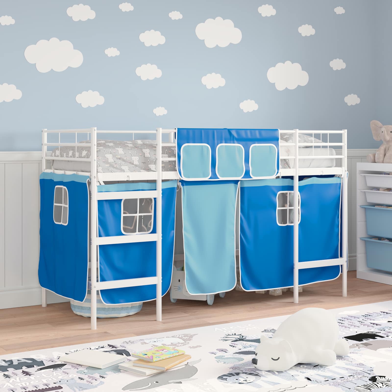 Thumbnail - vidaXL Kinder Loft Bettgestell mit Vorhängen Weiß und Blau 75 x 190 cm