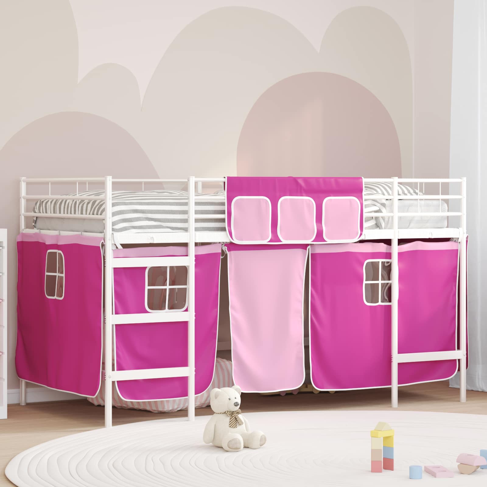 vidaXL Kinder Loft Bettgestell mit Vorhängen Weiß und Rosa 80 x 201 cm