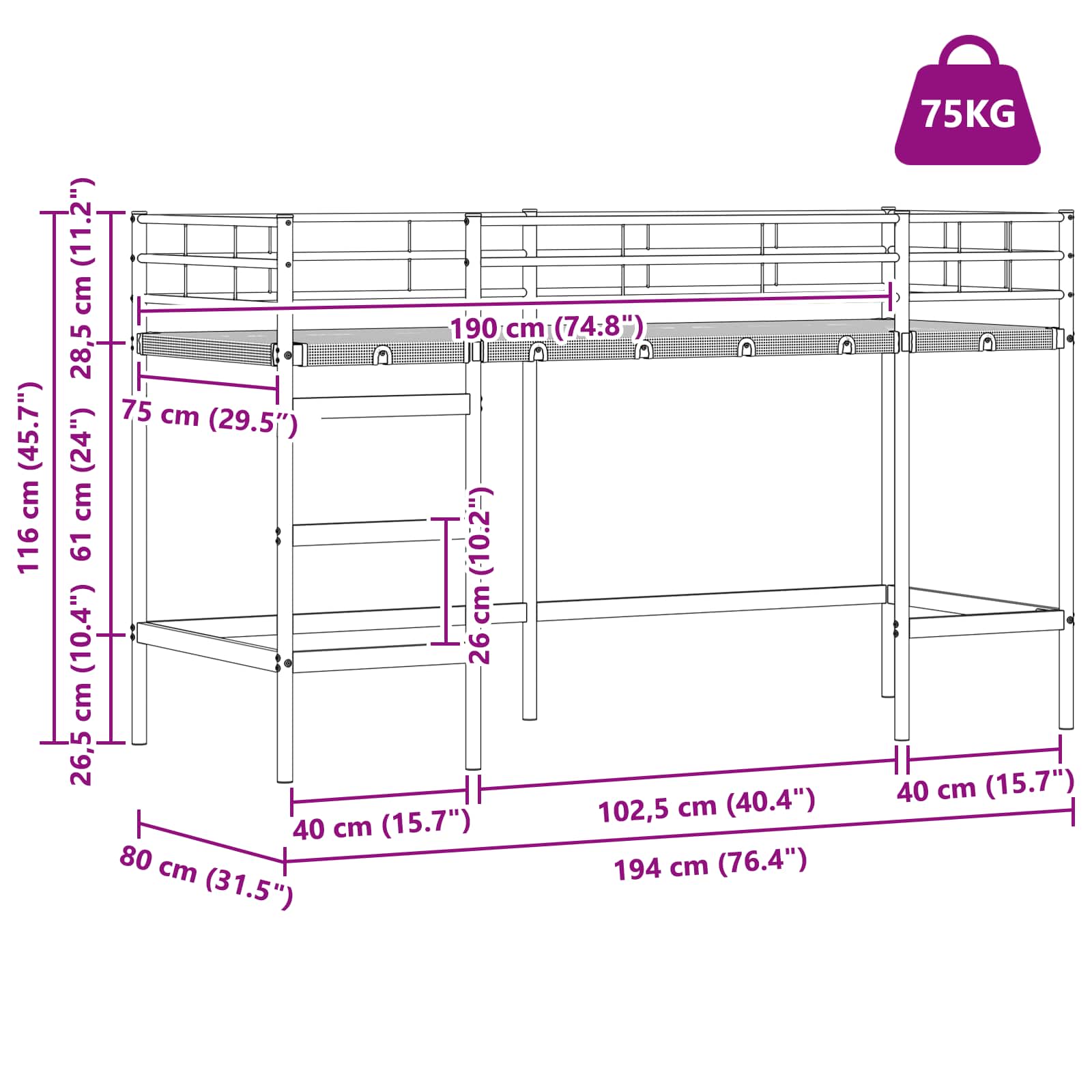 Dětský patrový postelový rám Bílá a černá 75 x 190 cm Kov - obrázek 16