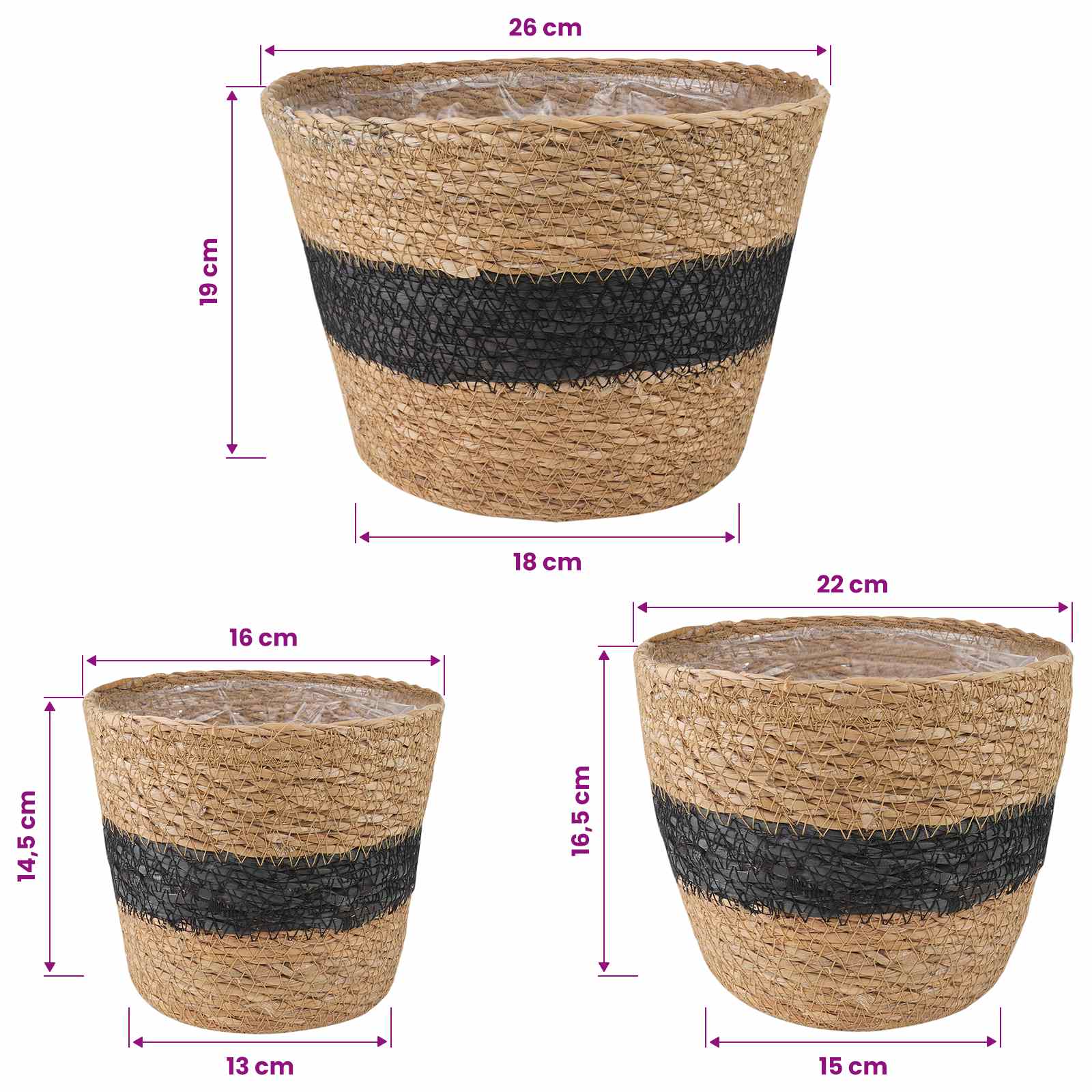 Zeegras Plantenmanden 3 pcs Naturel en Zwart Ø26 x 19 cm image 8