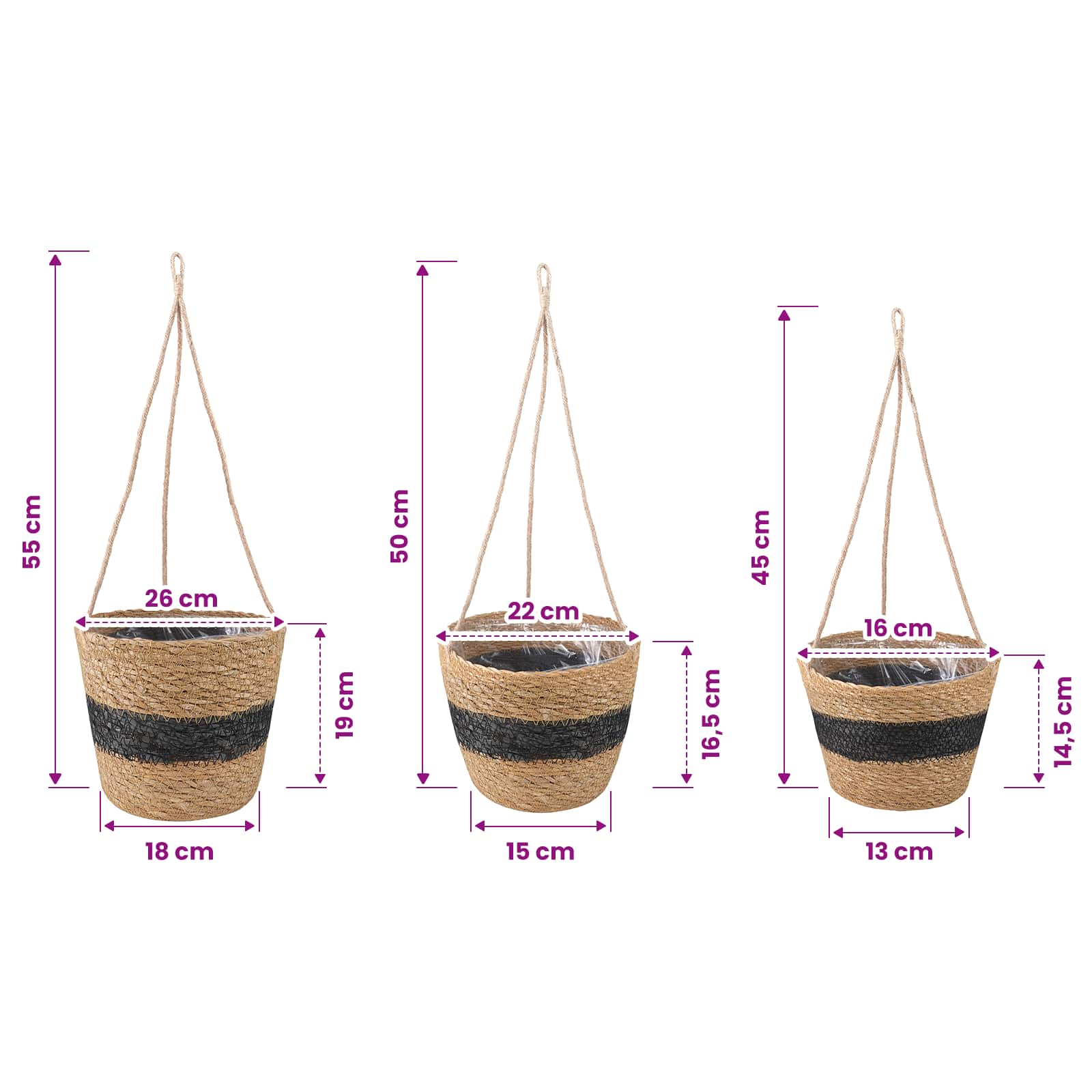 Zeegras Plantenmanden 3 pcs Naturel en Zwart Ø26 x 19 cm image 7