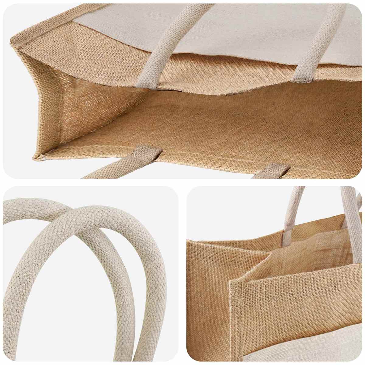 Jute håndtasker med lomme 10 Natur og hvid - Billede 4