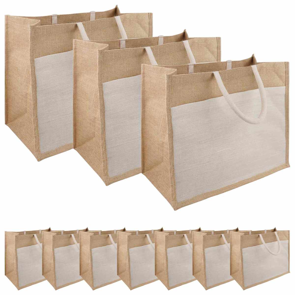 Jute håndtasker med lomme 10 Natur og hvid - Billede 2