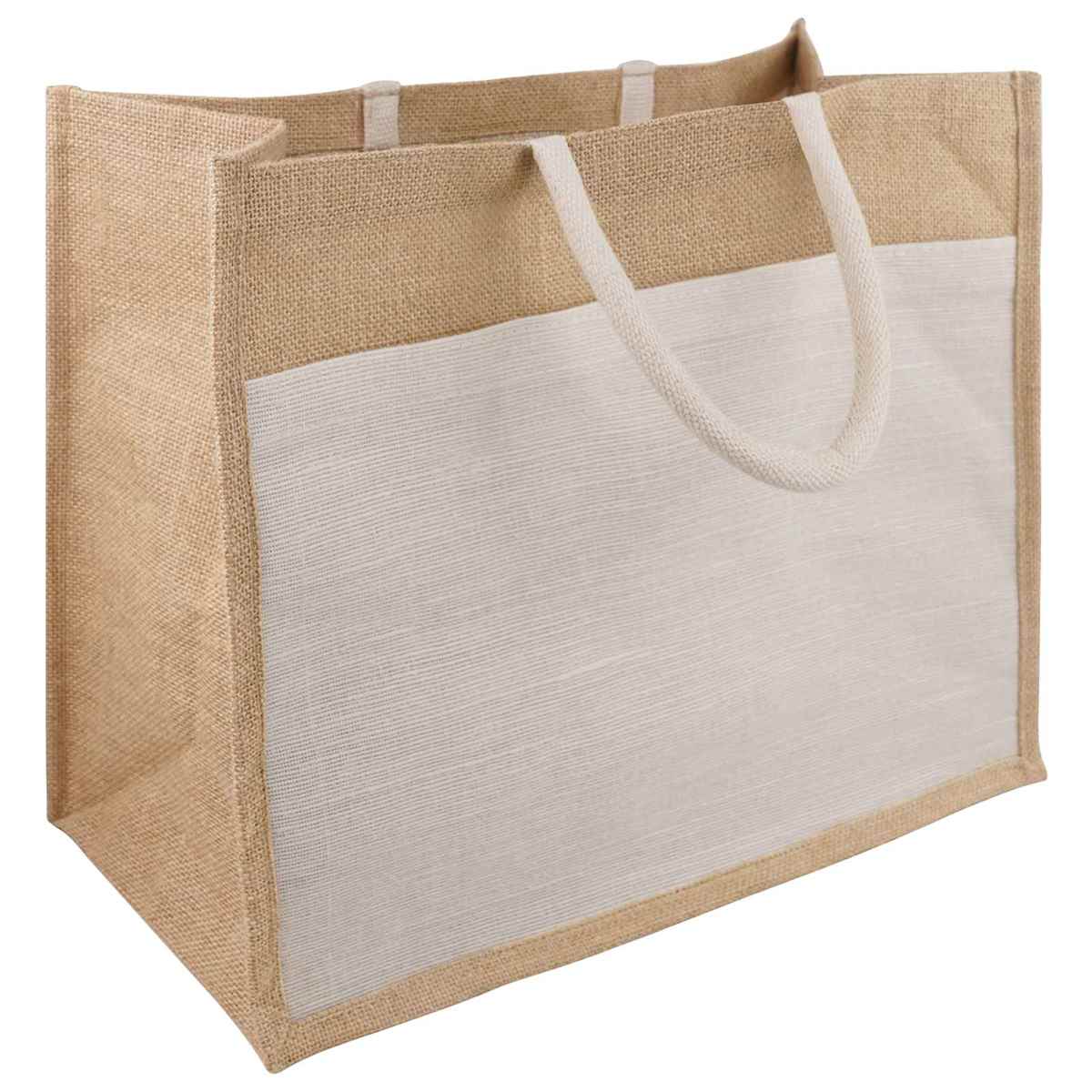 Jute håndtasker med lomme 10 Natur og hvid - Billede 3