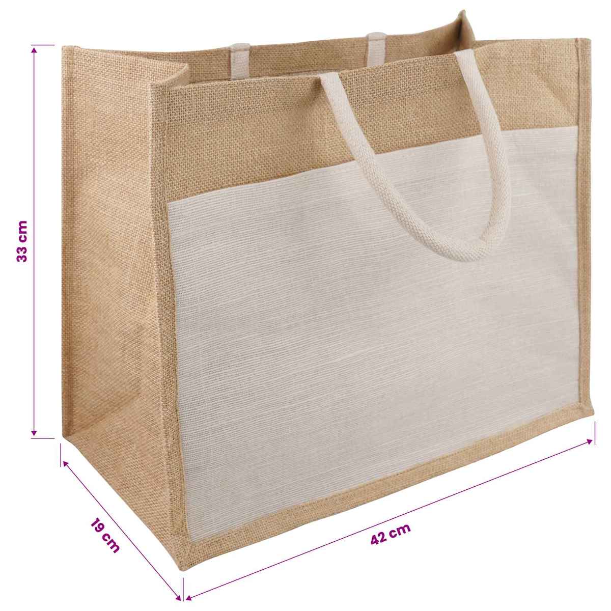 Jute håndtasker med lomme 10 Natur og hvid - Billede 5