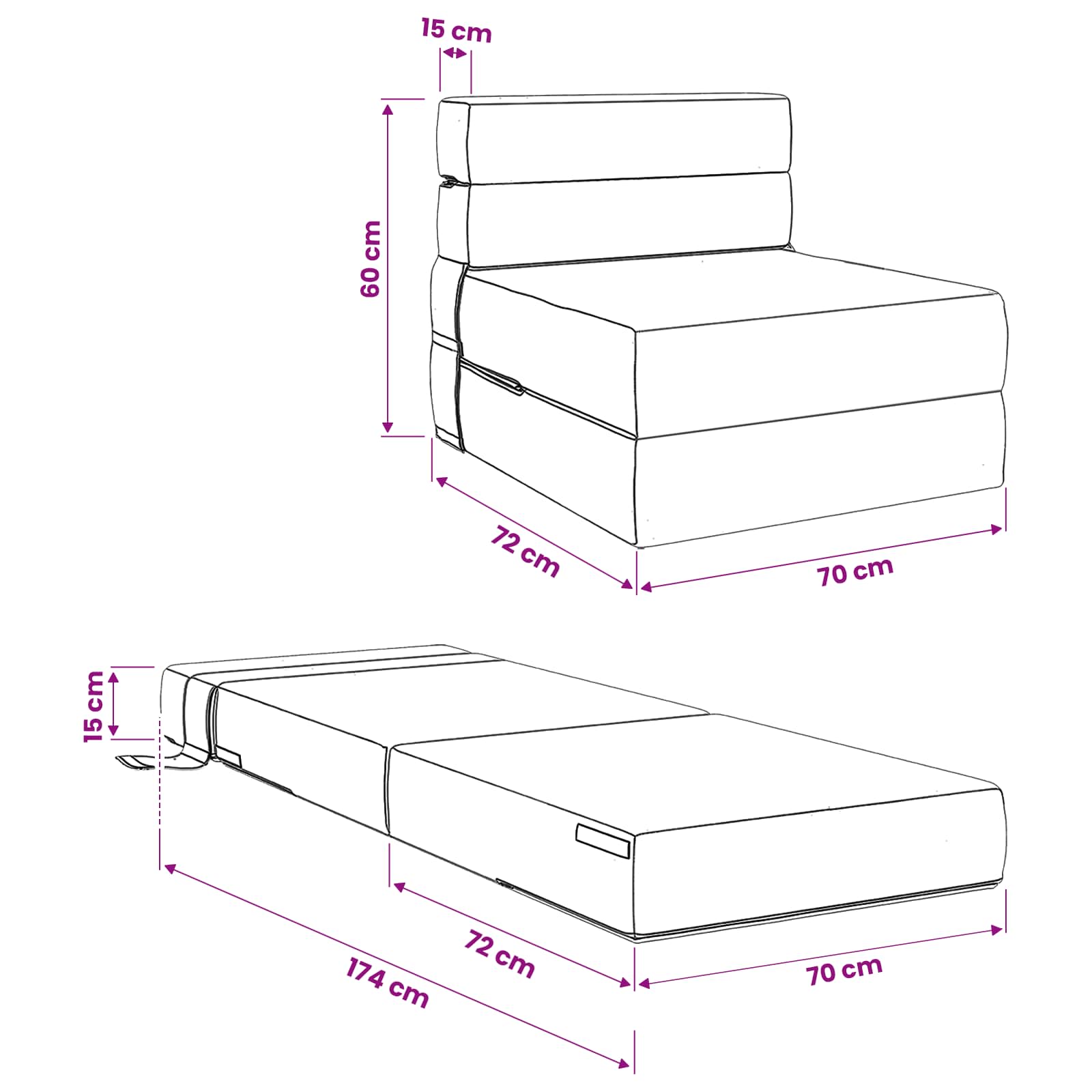 vidaXL Klappsofa Bett Schwarz 70 x 72 x 60 cm Stoff – Bild 10