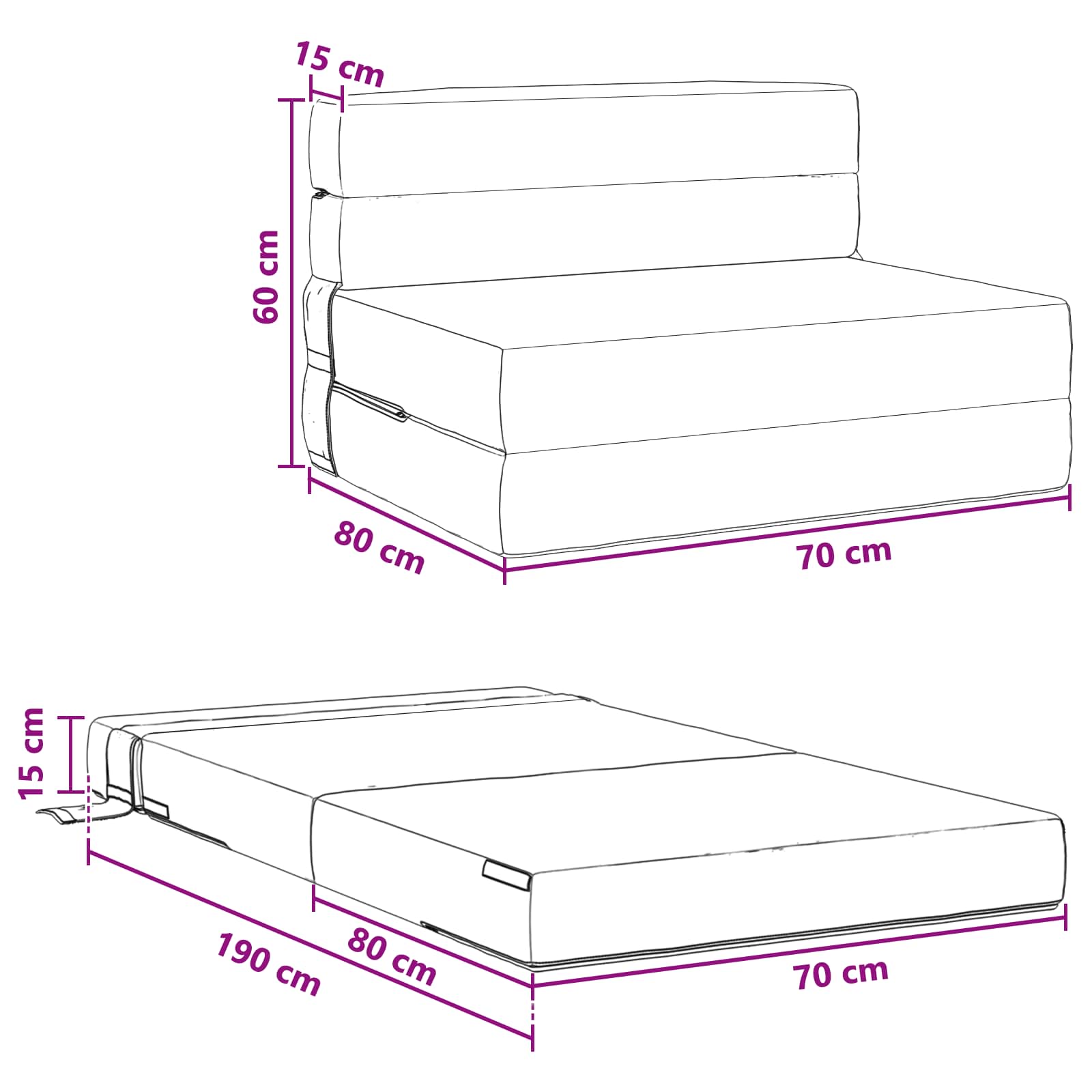 Zložljiva sedežna postelja Svetlo siva 190 x 70 x 15 cm blago - slika 8