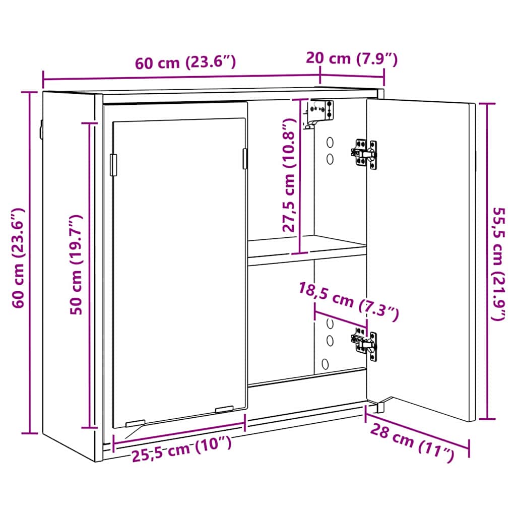 Kopalniška ogledalna omara s polico Siva Sonoma 60 x 20 x 60 cm - slika 13