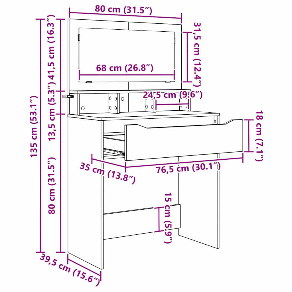 Toaletne mize za spalnice Dimljeni oreh 80 x 39,6 x 135 cm - slika 13