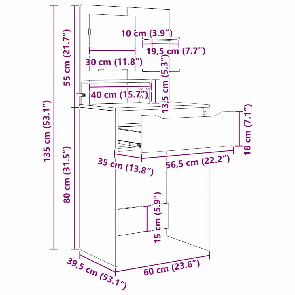 Toaletne mize za spalnice Siva Sonoma 80 x 39,6 x 135 cm - slika 13