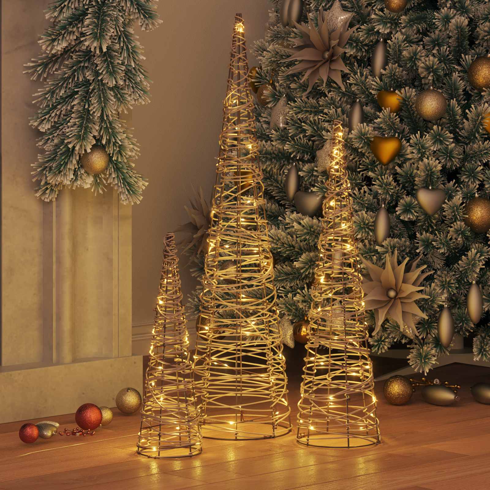 Thumbnail - vidaXL Weihnachtsbaum 3 pcs Warmweiß 20 x 20 x 80 cm Rattan